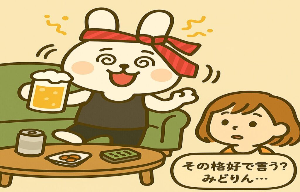 みどりんが頭にネクタイを巻いてお酒に酔って目を回してる様子とその姿をみているすずちゃん。